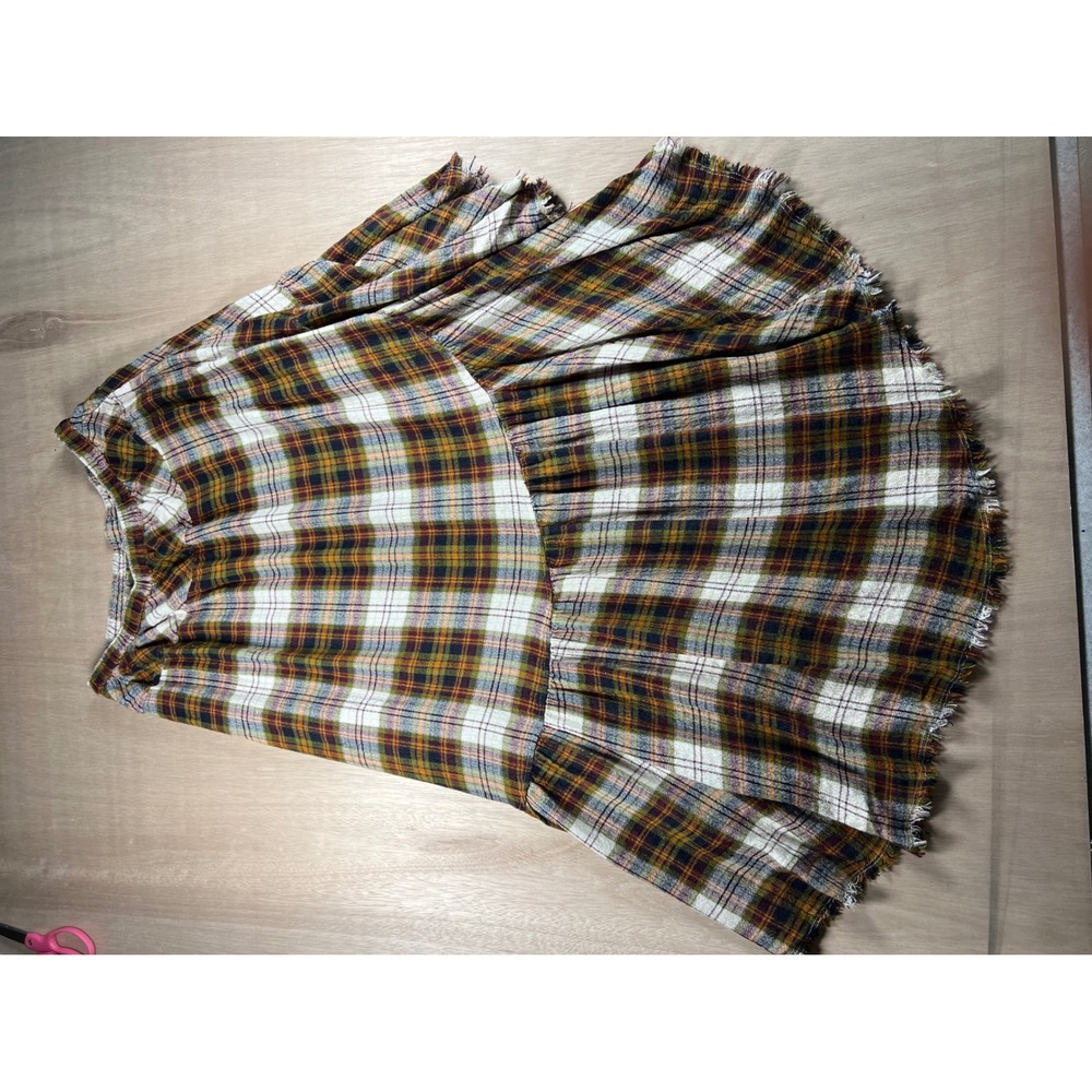 Free People Plaid Tiered asymmetrical  Skirt Mustard Burgundy Green Boho  Size M